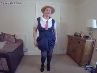 Step Mom Wearing schoolgirl Uniform with Stockings & Suspenders