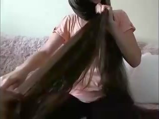 Fascinating long haired brunet hairplay hair brush öl hair